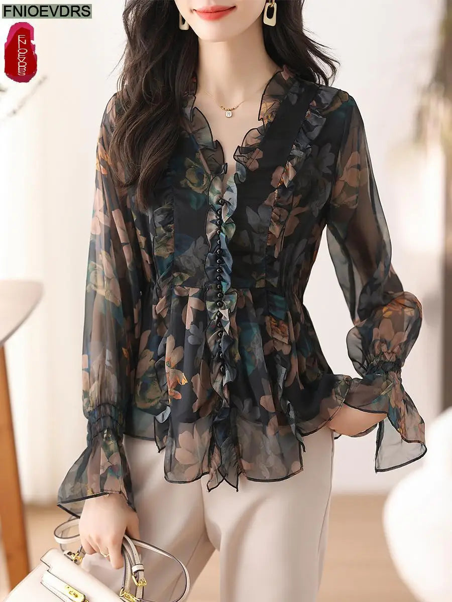 Women Spring Basic Wear Chiffon Shirts  Chic Design Retro Vintage Button Flower Peplum Belly Ruffles Tops Blouses
