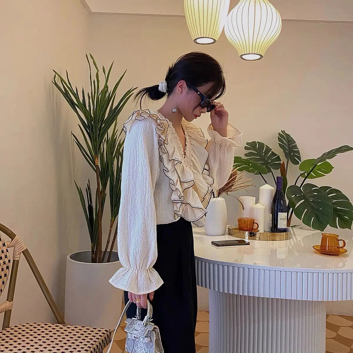 Long Flare Sleeve Ruffle Shirts Women Lady Streetwear Tops  Vintage Fungus  Blouse   Korea Fashion