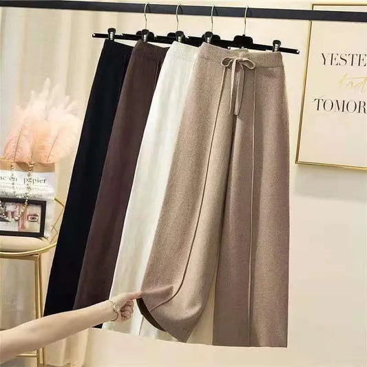 Autumn Winter Knitted Pants Women Wide Leg High Waisted Trousers Casual Soft Thicken Warm Straight