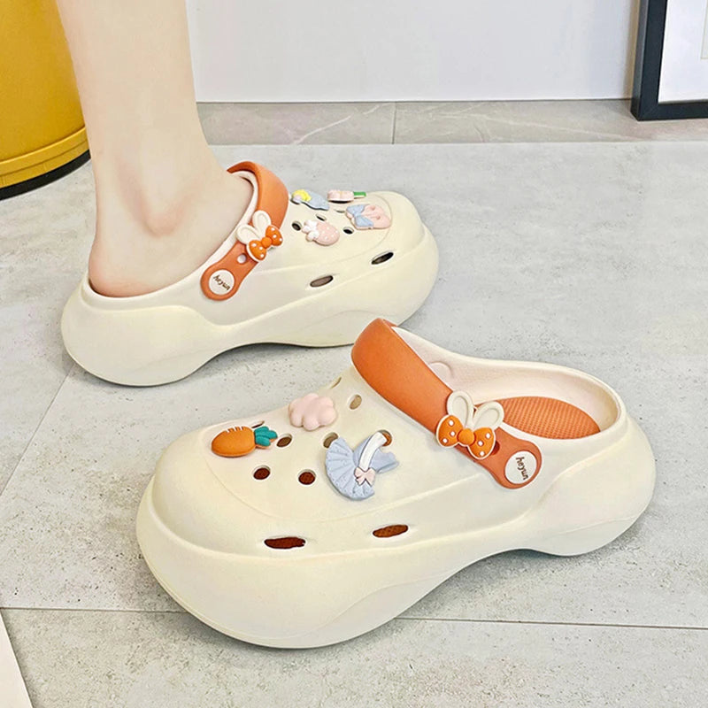 Women's Hole Shoes Elevated Thick Sole Shoes Cartoon Accessories Hole Sandals Anti Slip Beach Slippers