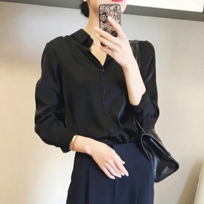 Comfortable Turn-down Collar All Seasons Women's Clothing Chiffon Trend All-match Korean Solid Color Long Sleeved Blouses
