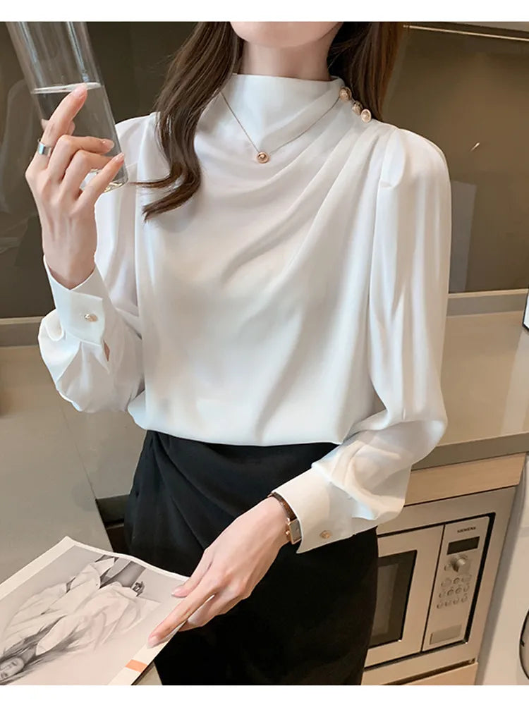 Women Shirt Long Puff Sleeve Satin Chiffon Tops Elegant High Collar Blouses Red White Blue Ladies Tops Blusas