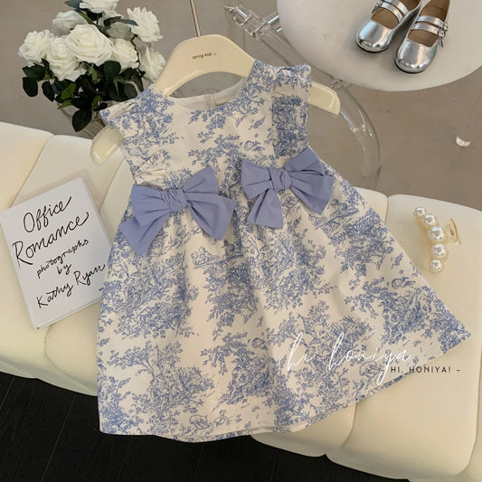 Congme Summer Girls Fashion Clothing Dress Baby Kids Korean Bow Floral Sleeveless Casual Dress Cute Princess Skirt