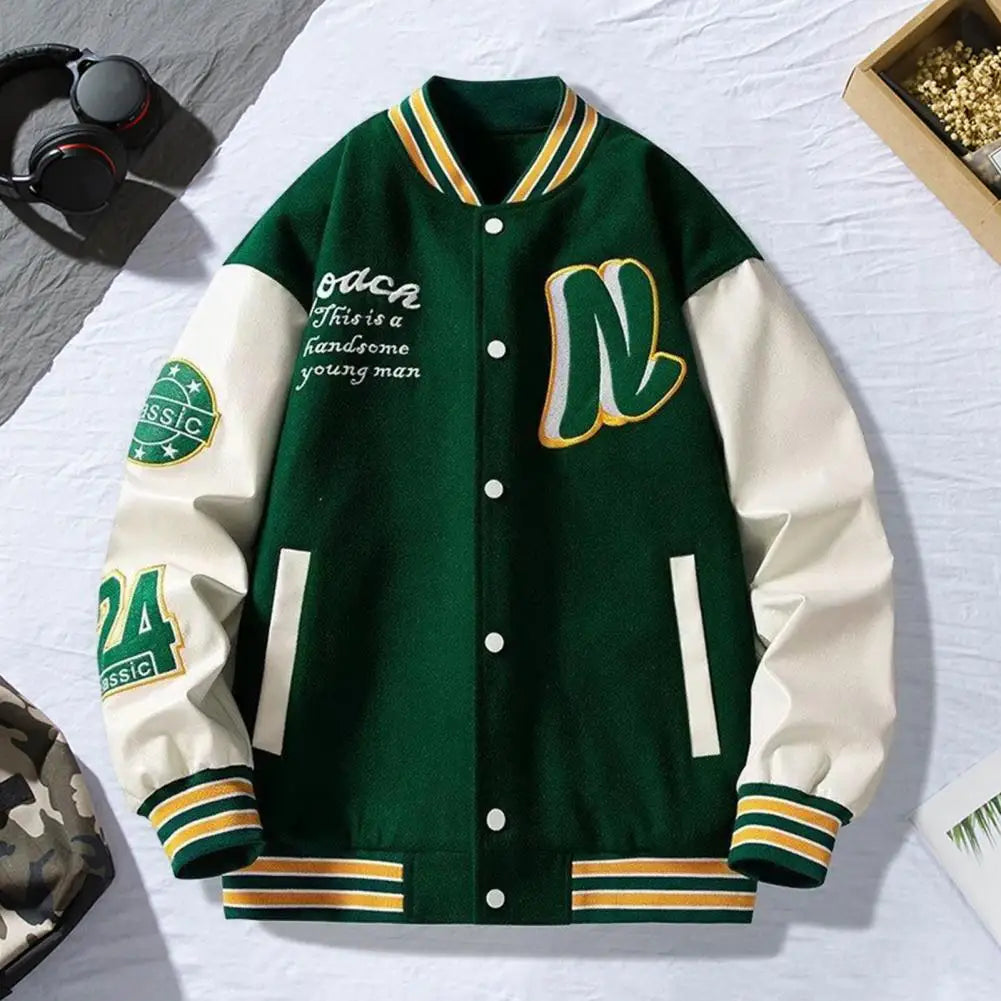 Men and women  Jacket  Stand Collar Striped Letter Pattern Cardigan Coat with Pockets Long Sleeve Baseball Jacket for Winter
