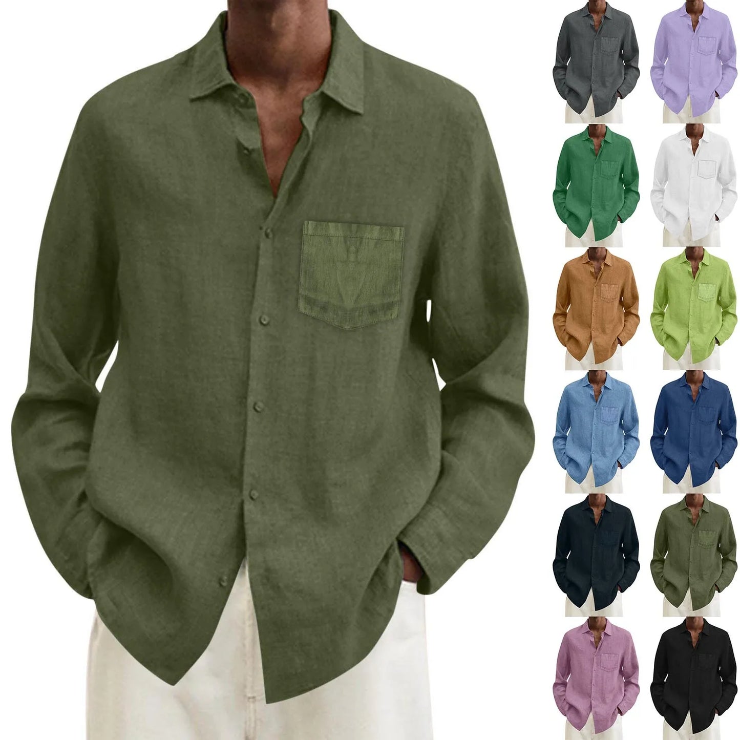 Men's Casual Cotton Linen Shirt Turn Down Collar Solid Long Sleeve Loose Top Spring and Autumn Handsome Fashion Shirts