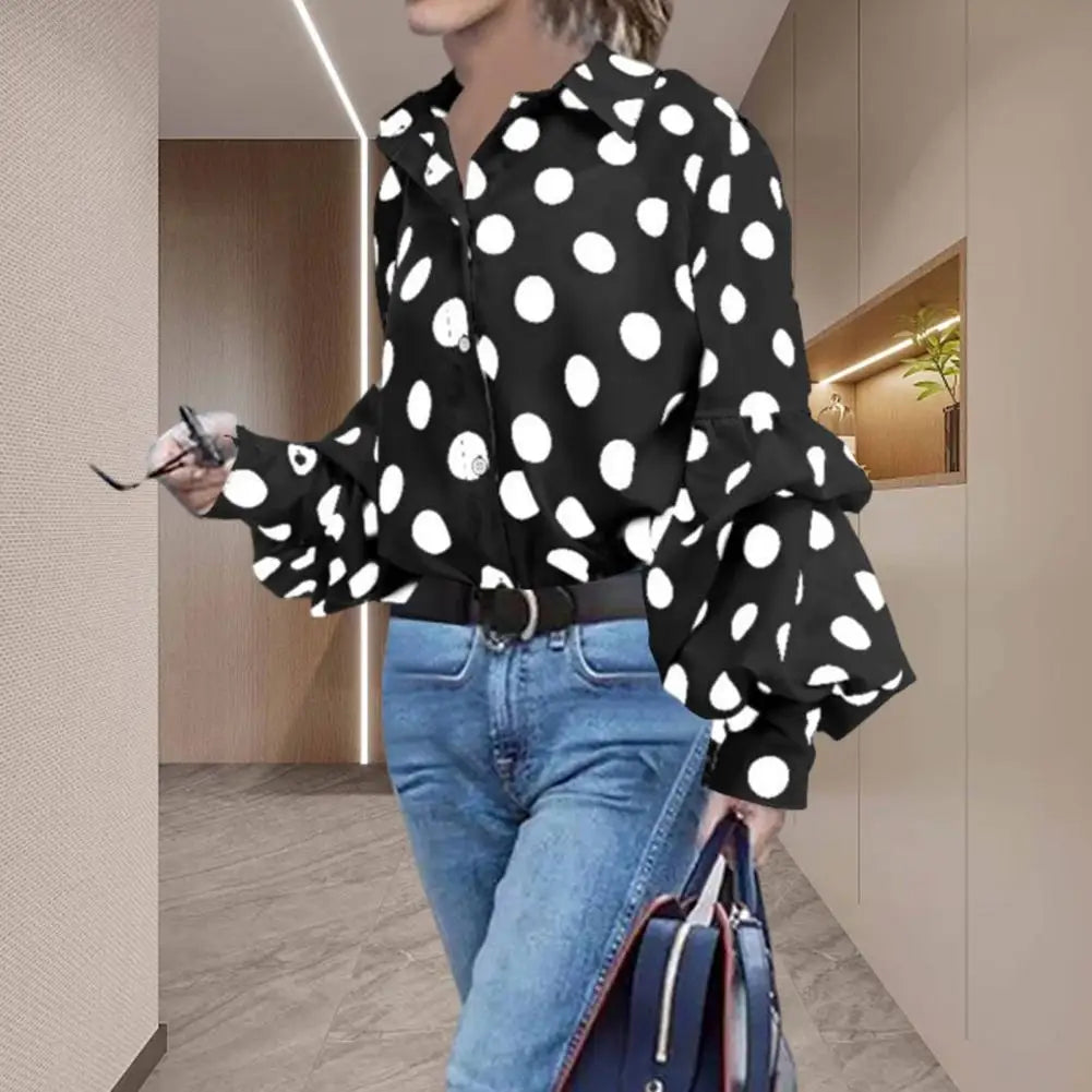 Women Lapel Lantern Long Sleeve Shirt Leopard Dot Print Single Breasted Casual Loose Fit Shirt Tops Streetwear