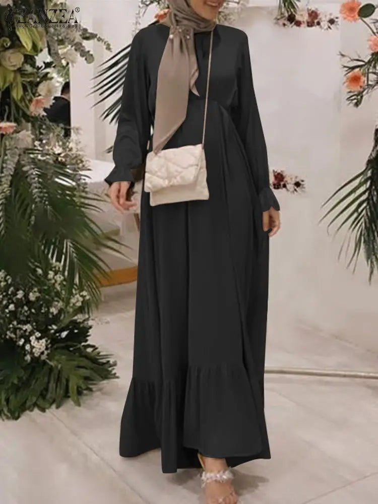 ZANZEA Spring Maxi Sundress Women Muslim Dress Turkey Abaya Dubai Long Vestidos Kaftan  Fashion Long Sleeve IsIamic Robe