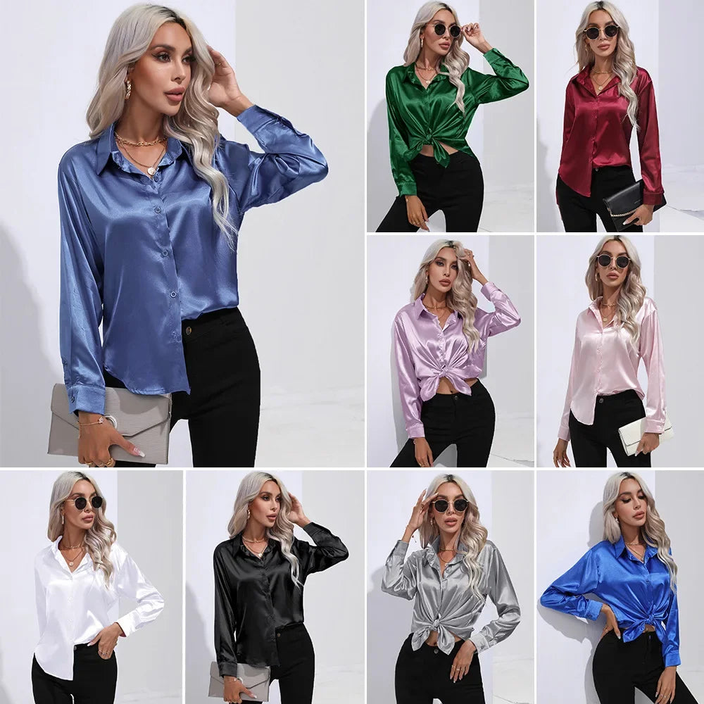 Women's Satin Imitation Silk Long Sleeve Shirt, Lapel Button Blouse, Solid Clothing