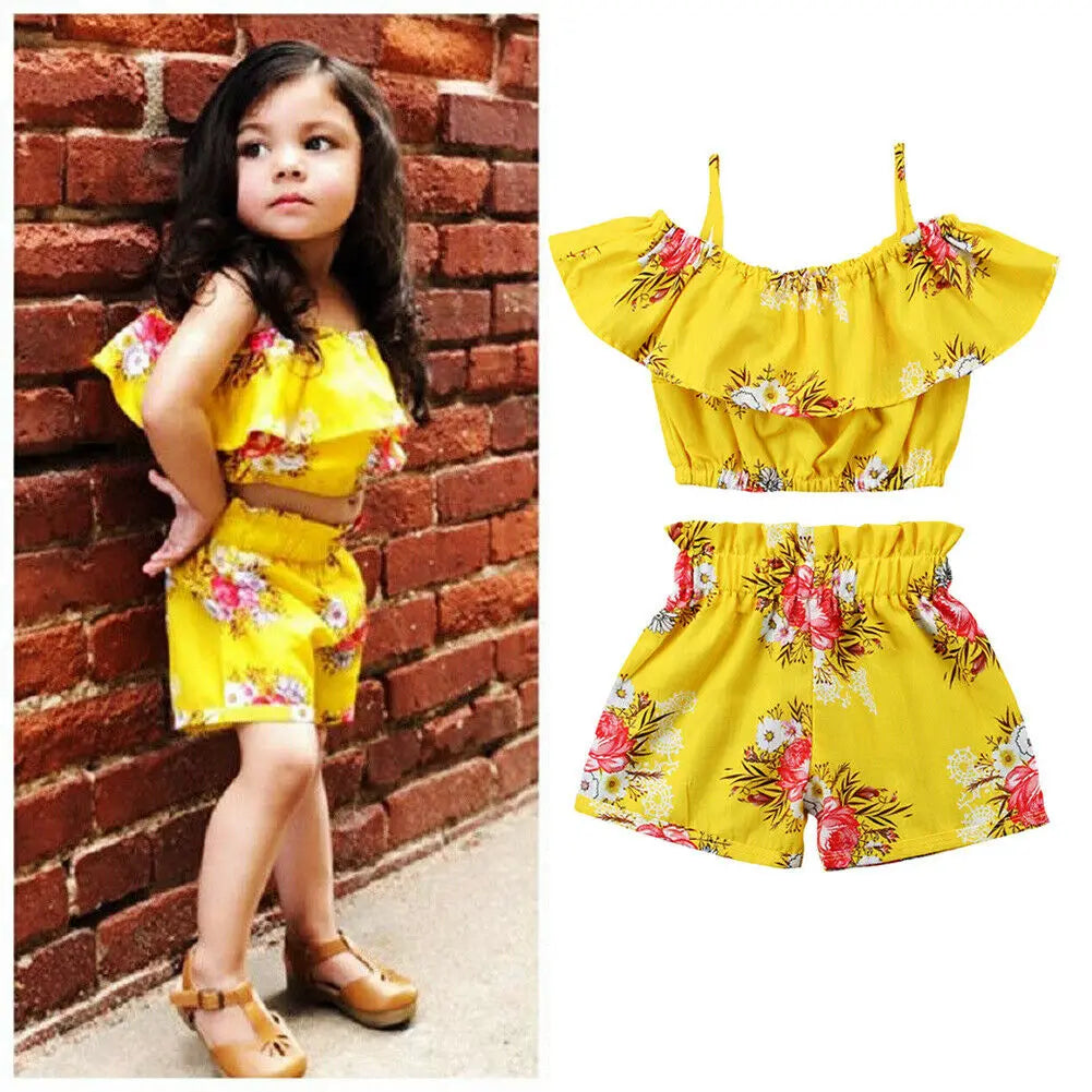 1-6 Year Old Toddler Baby Girl Clothes Watermelon Sunflower Print Ruffle Drop Shoulder Strap Top Shorts 2-Piece Summer Set
