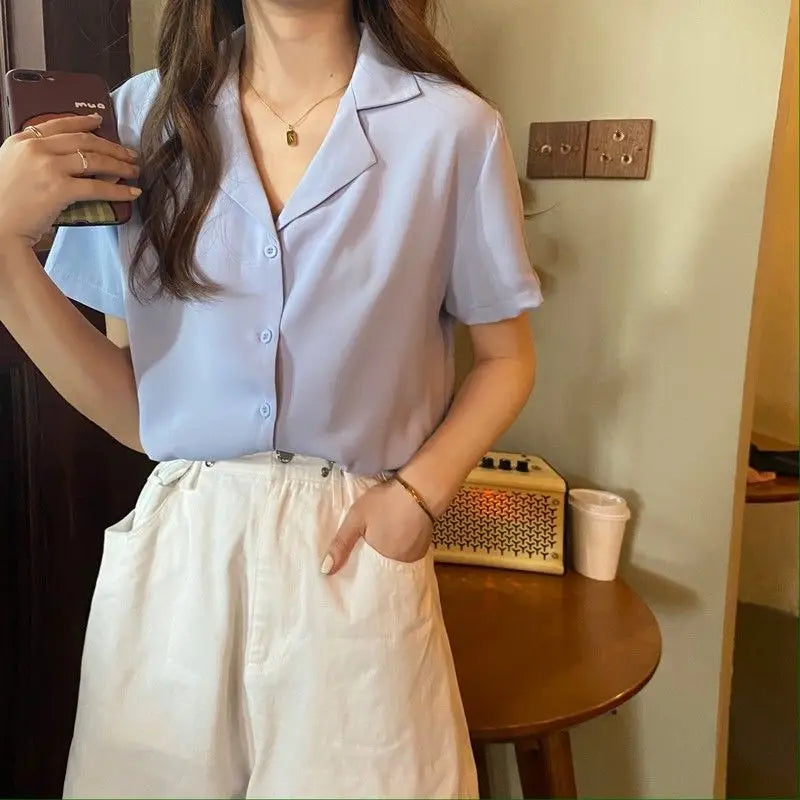 Shirts Women Korean Short Sleeve Turn Down Collar Loose Blouse Retro Elegant All Match Solid Basic Casual Top