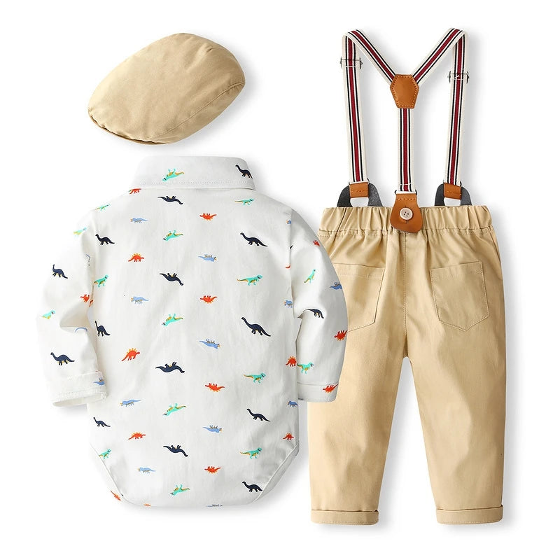 Baby Boys Gentleman Clothes 3pcs Sets Long Sleeve Dinosaur Printed Bow Tie Romper Overall Pants with Hats Boys Clothing 0-24M