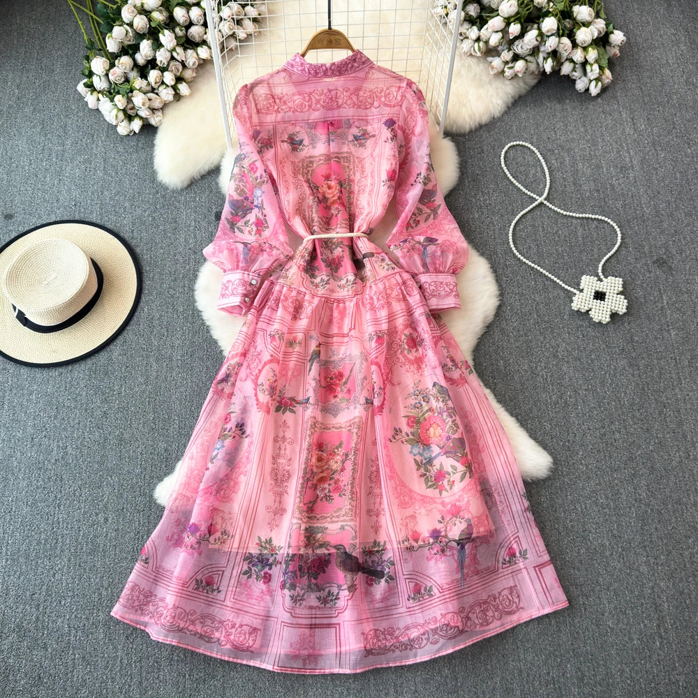 Palace Style Printed Shirt Dress Lantern Long Sleeve Lapel Single Breasted Perspective Long Dress With Lining