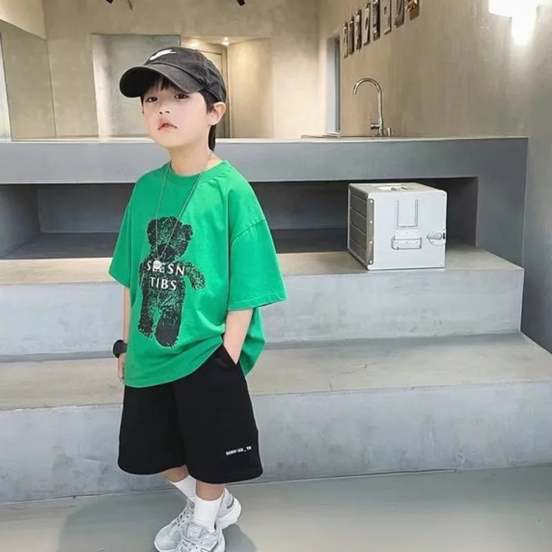 Middle School Children Summer Cotton Tide Boy Cute Baby Clothes Print Leisure Short Tshirt Top Infant