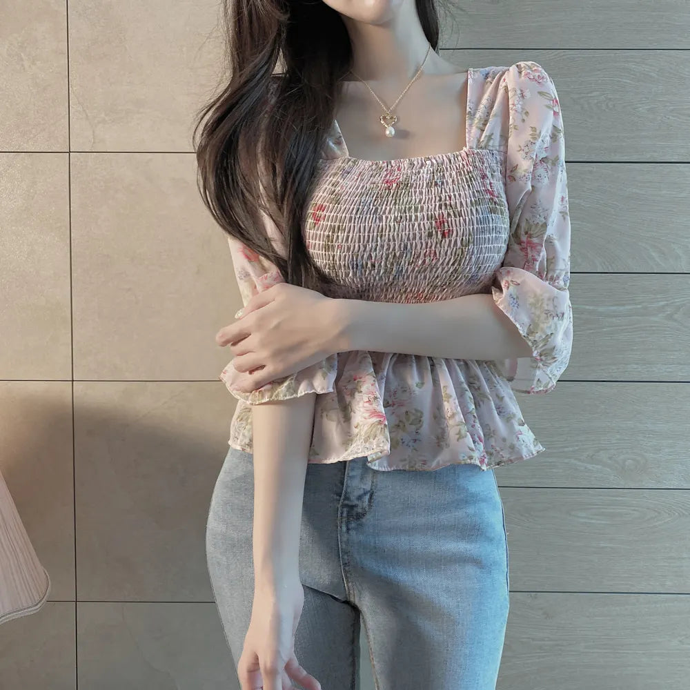 Chiffon Floral Western Style Small Shirt Women Summer Super Fairy Square Collar Top Waist Hugging Short Half Sleeve