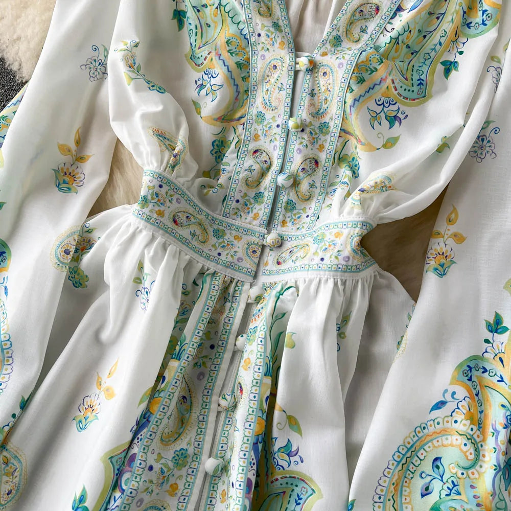 Elegant Party Dresses Women Vintage Paisley Print Dress  Spring Summer V Neck Long Sleeve Holiday Bohemian Mini Dress