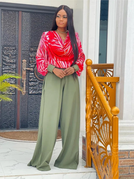 Women's Casual Suit Print  Autumn Fashion Lantern Long Sleeved Top Irregular Collar High Waist Wide Leg Women Long Pants Set