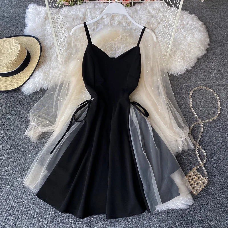 Spring Summer Dress Elegant Women Black Red Bandage Mini Dress Puff Sleeve V-neck Mesh Beading A-line Korean Party Vestidos