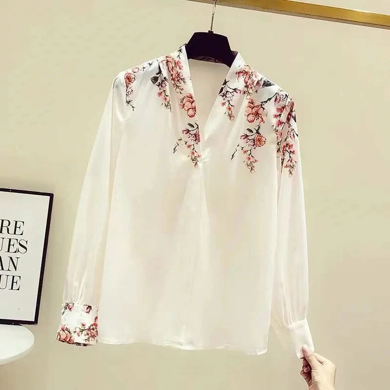 Women Spring Summer Satin blouses Blouses Shirt Lady Casual Long Sleeve Turn-down Collar Print Slim Tops