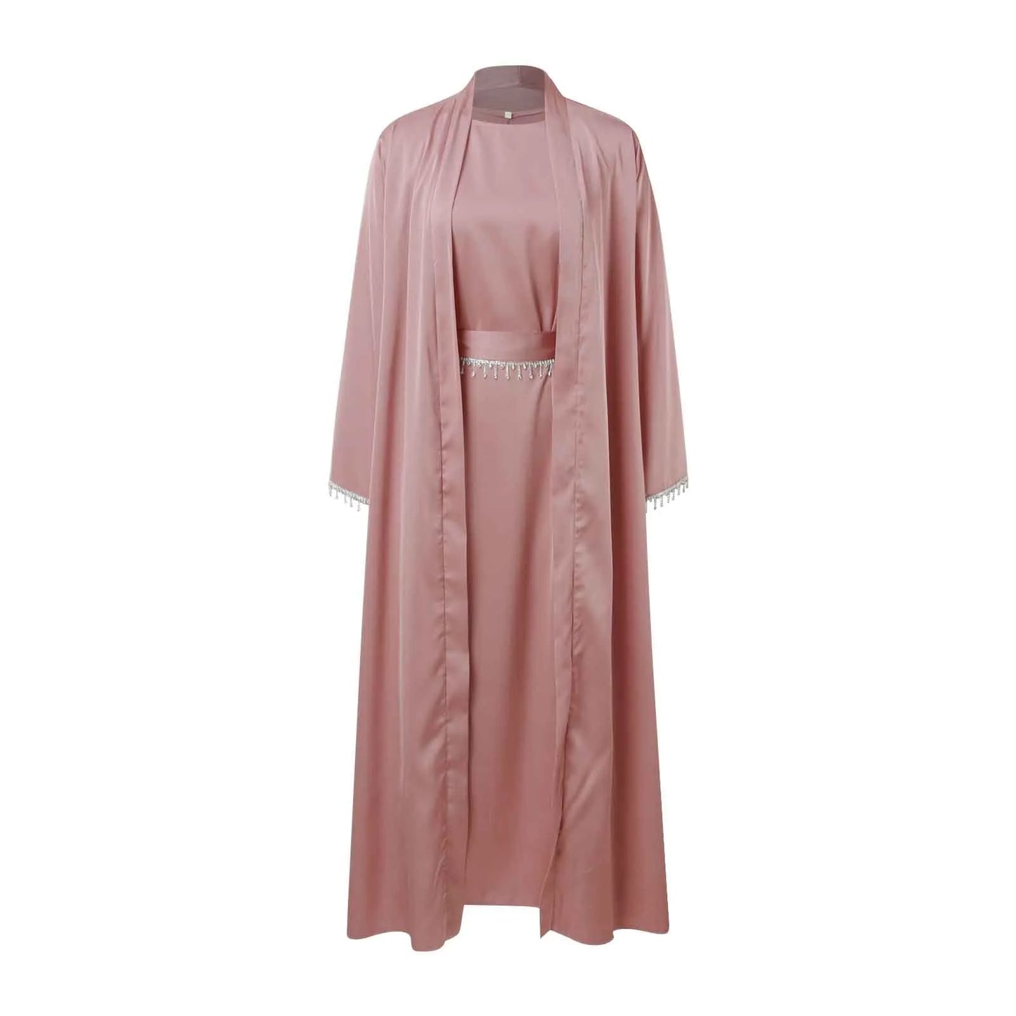 Abayas Set 2 Piece Ramadan Women with 2 Diamond Chains Cardigan Robe Abaya