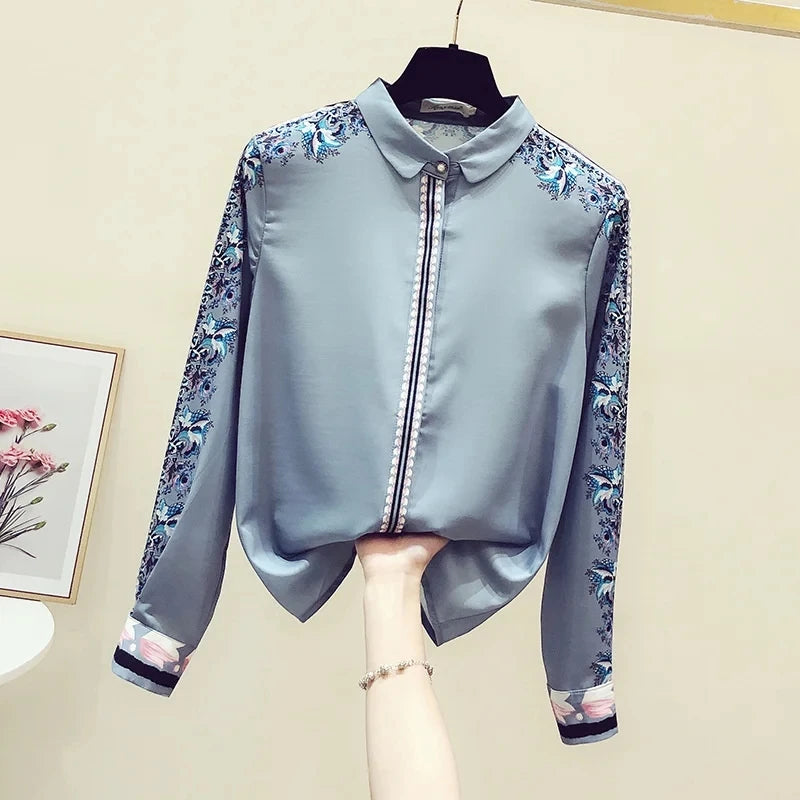 Women Spring Summer Satin blouses Blouses Shirt Lady Casual Long Sleeve Turn-down Collar Print Slim Tops