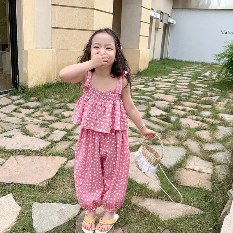Summer Girls' Clothing Sets Sweet Cute Floral Camisole Plus Anti-Mosquito Pants Fashion Baby Kids Outfit Children Girls Clothes kids girls  toddlers