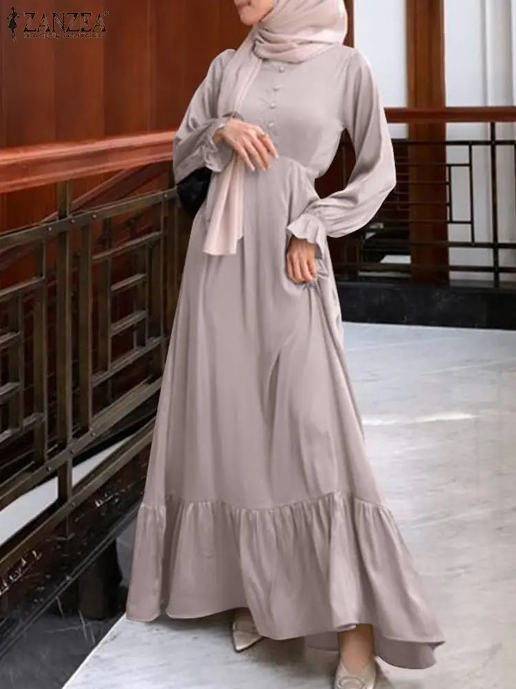 ZANZEA Spring Maxi Sundress Women Muslim Dress Turkey Abaya Dubai Long Vestidos Kaftan  Fashion Long Sleeve IsIamic Robe