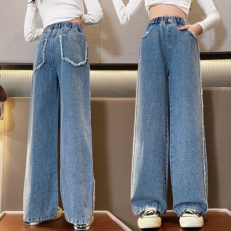 Jeans for Girls Autumn Clothes for Teenagers Solid Loose Kids Wide Leg Pants Fashion Casual Children Trousers