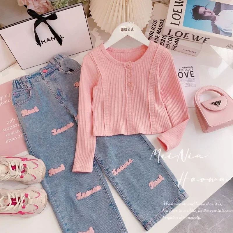 Girls' Set  Autumn Spring New Girls' Knitted Sweet Top+Letter Decal Jeans Two Piece Set Cute Little Girl Kids Fashion Sets