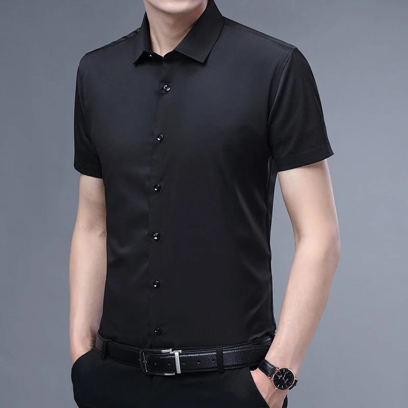 Quality Men Shirt Short Sleeve Stretch Anti-Wrinkle No-Iron Slim Fit Business Casual Party Multicolor Social Shirts For Men 4XL