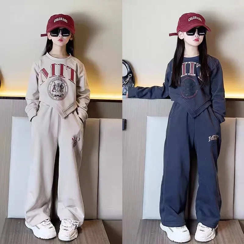 autumn kids Girls Clothes Suit Child irregular letters sweatshirt t-shirt + straight loose pant Tracksuit 8 9 10 11 12 year