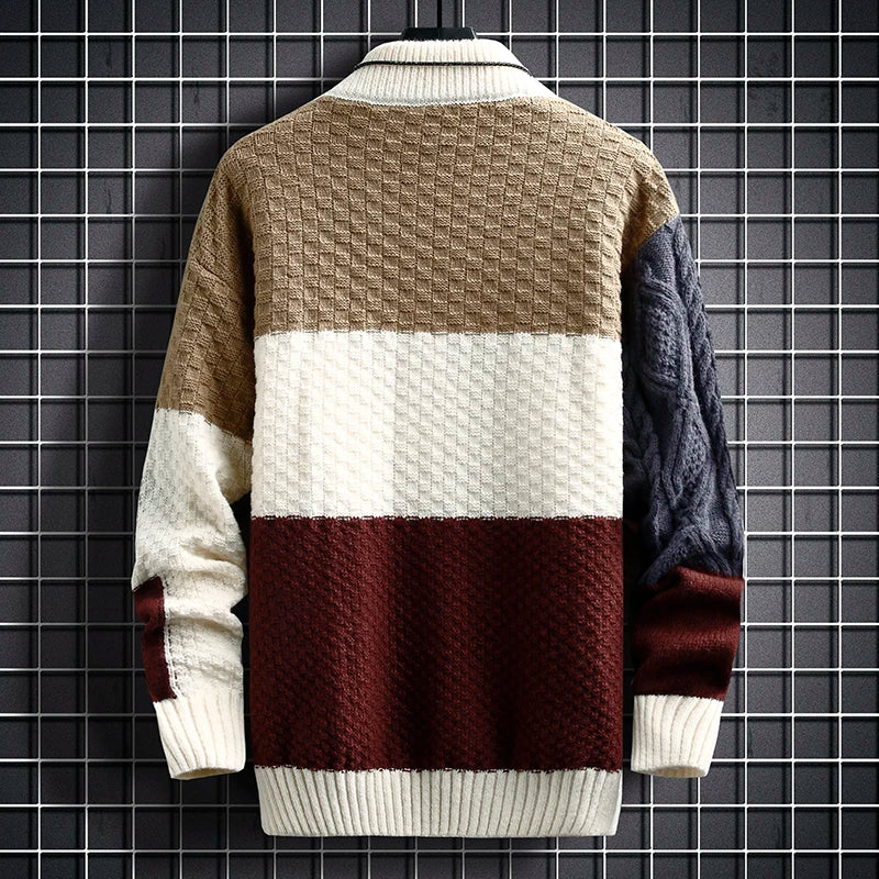 Men Sweater Warm Fashion Stitching Color Matching Pullover Round Neck Sweater Thickened Knitted Sweater