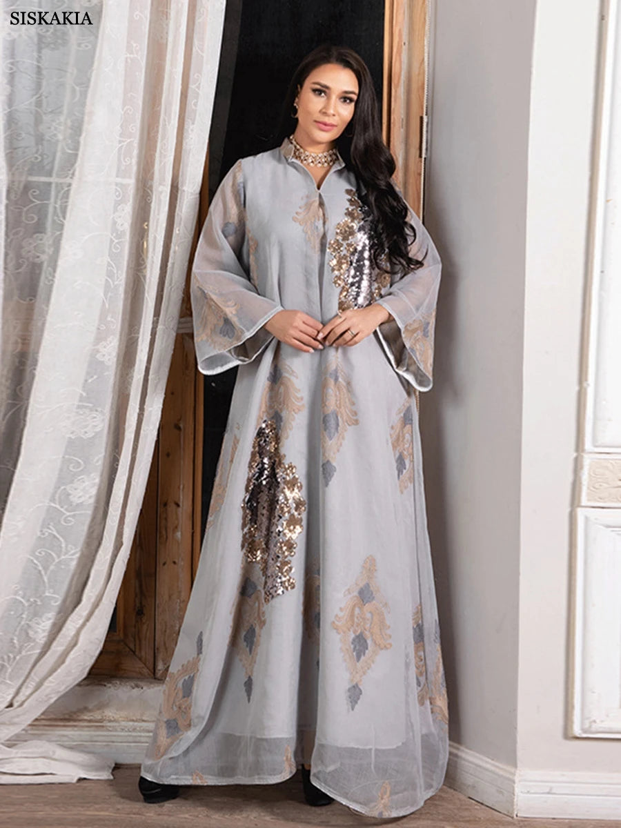 Dubai Fashion Mesh  Embroidery Evening Party Gown Jalabiyat Saudi Arab Casual Robe African Women Caftan Clothing