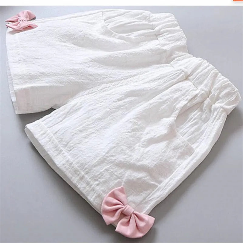 Summer Two Piece Girl Clothes Set Baby Outfit Ruffle Short Sleeve T-shirt Pant 2Pcs Suit Lovely Bow Children Casual Costume