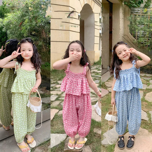 Summer Girls' Clothing Sets Sweet Cute Floral Camisole Plus Anti-Mosquito Pants Fashion Baby Kids Outfit Children Girls Clothes kids girls  toddlers