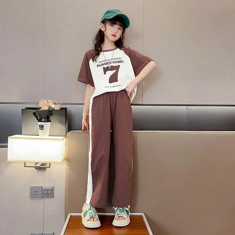 Girls Summer New Fashion Trendy Short Sleeve Suits 4 6 8 10 12 14 Years Youth Teenage Girls Korean Style 2Pcs Tees Clothes