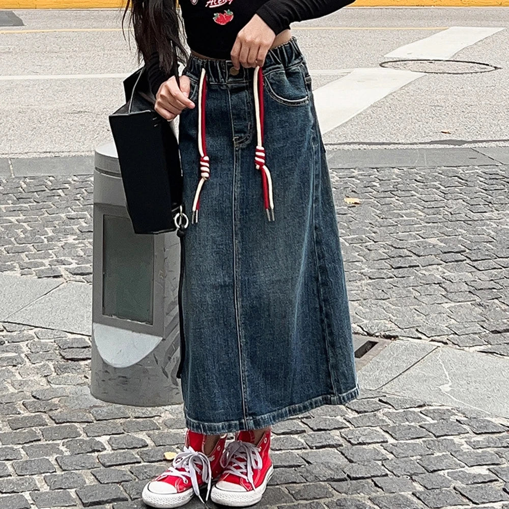 Girls Blue Skirt for Fashion All-match Teen Kids Denim Skirt Mid-length Casual School Children Costumes