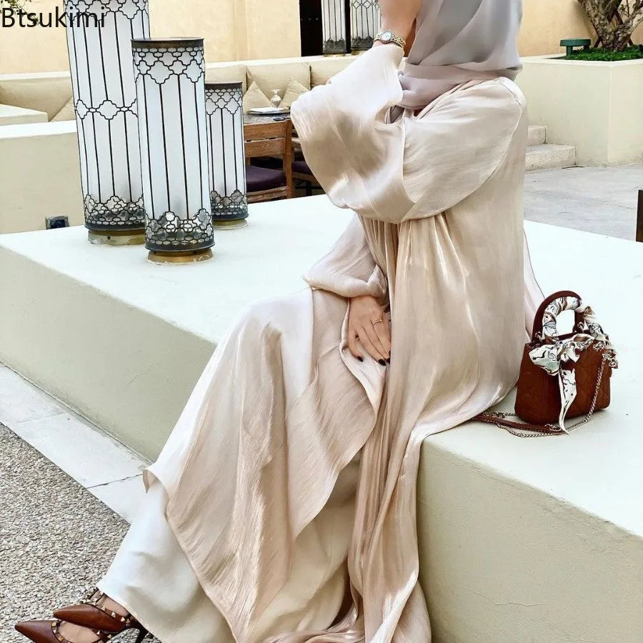 Women's Muslim Robe Cardigan Abaya Long Dress Shiny Dress Kaftan Jalabiya Islam Women Clothes