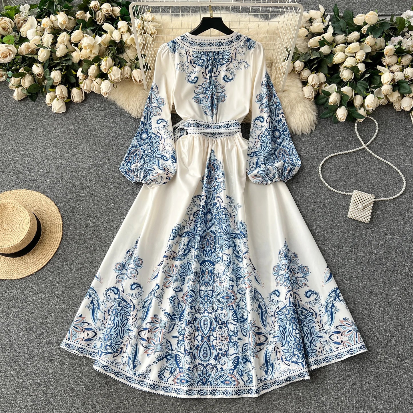 Autumn Vintage Floral Long Dress for Women Ruched Full Sleeve Luxury Cotton Female Vestidos Waist Lace Up Runway Maxi Traf New