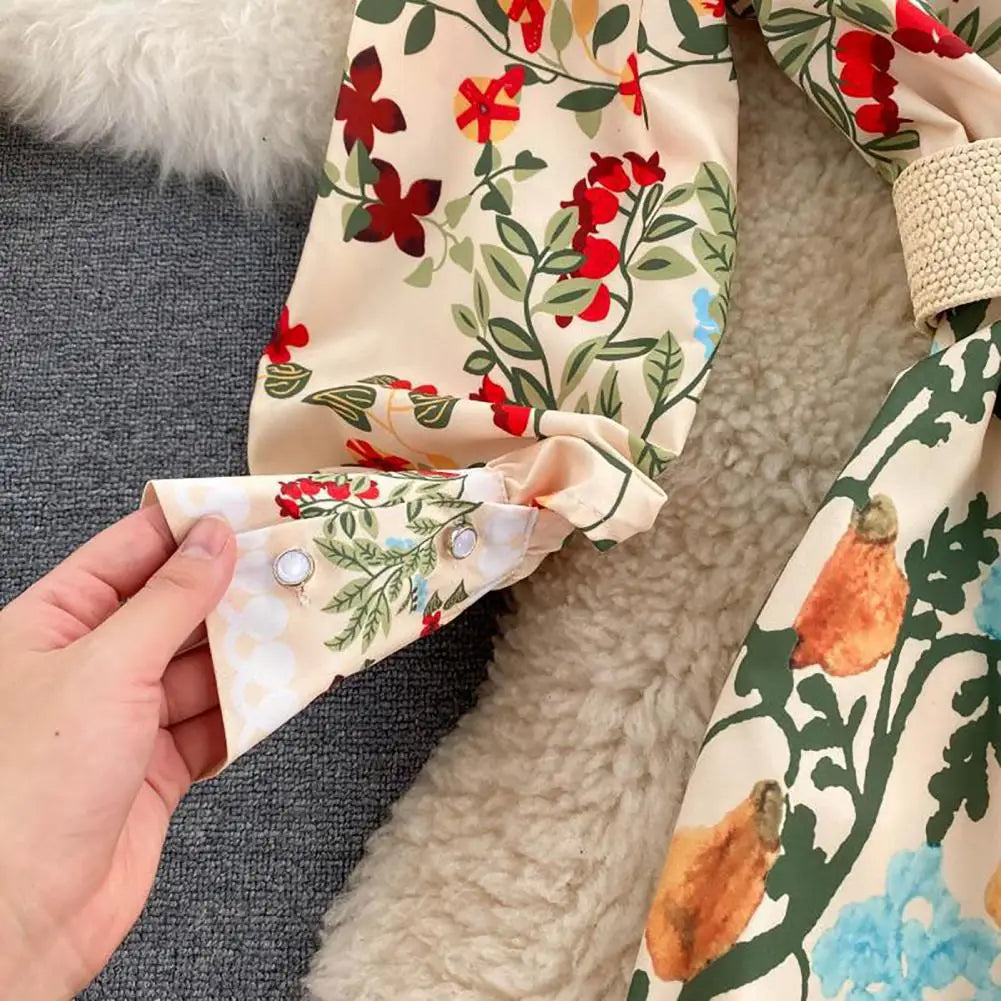 Autumn Runway Maxi Dress Women's Long Sleeve Stand Gorgeous Flower Print Long Dress Female Buttons up Sashes Holidays Dress
