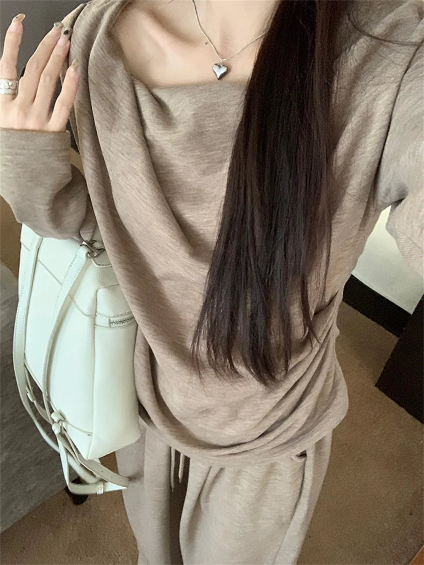 Off Shoulders Sweaters Women Chic Loose Wide Leg Pants Suits Elegant