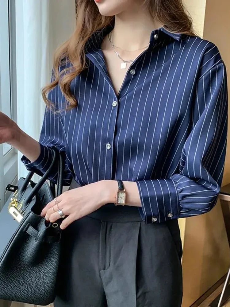 Classic Striped Shirts Women Spring Autumn Polo-neck Single-breasted Long Sleeve Cardigan Blouse Fashion Office Shirt Top Women