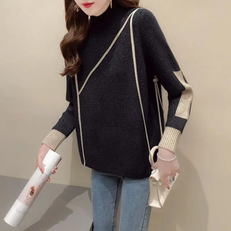 Neck Jerseys Turtleneck Women's Sweater Graphic Black Pullover Striped Knit Tops for Woman Harajuku Fashion Vintage