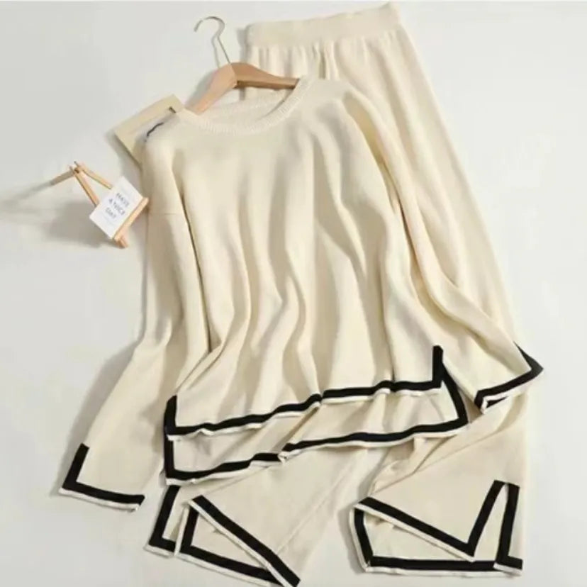 Women Long Sleeve, 2 Piece Suits Casual Woman Knitting Sweater and Split Long Wide Leg Pant Two Pcs Sets