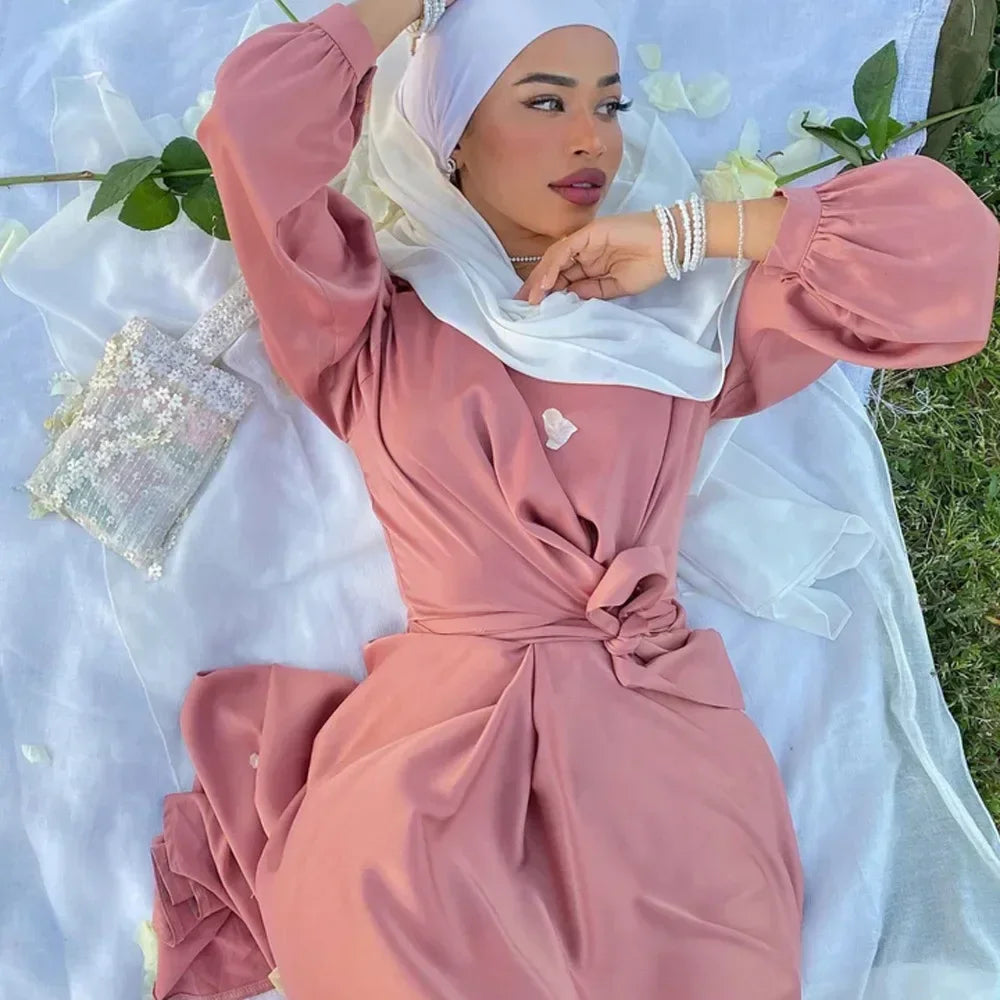 Satin Abaya Wrap Dress Luxury Dubai Muslim Dresses for Women Abayas Turkey African Islamic Clothes Ramadan Eid Kaftan Hijab Robe