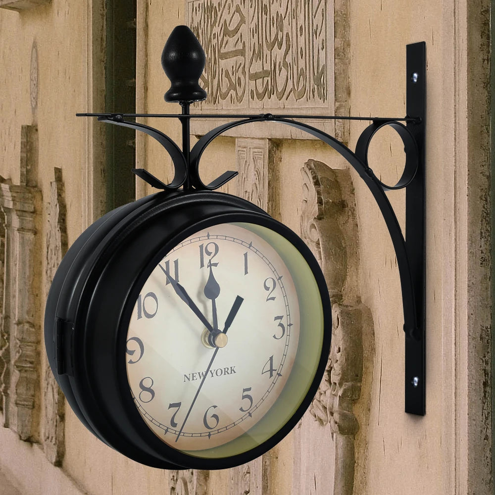 Wall Clock Retro Double-Sided Station Clock Battery Operated Silent Clock with Wall Mounting Kit Antique Wall Clock for Home