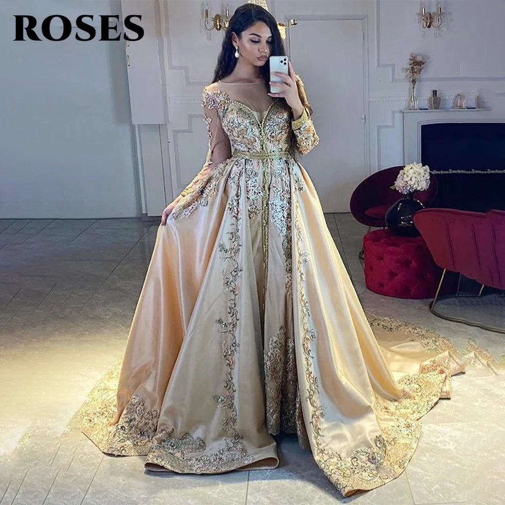 Caftan Evening Dress Satin A Line Prom Dress Long Train Elegant Women Formal Party Gown robe de soiree vestido novia