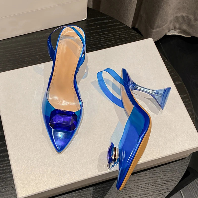 Transparent Shoes For Women Slingback Sandal Fashion Big Diamond Pointed Toe Party Clear High Heels Pumps