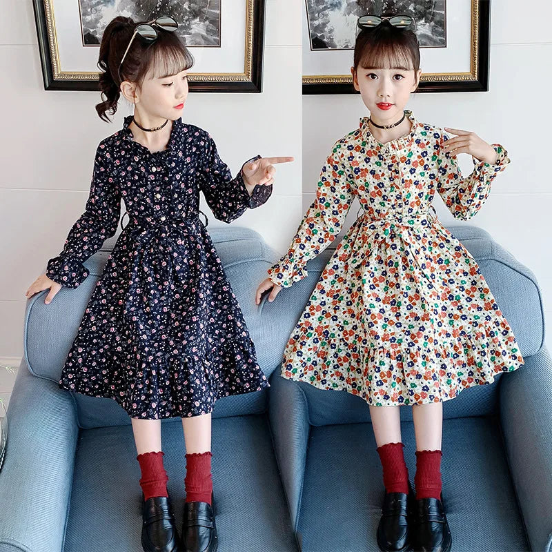 Girls autumn spring Elegant New Children Casual Princess Teenager floral lace cotton long dress