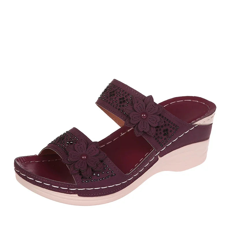 Summer Women Slippers Plus Size Women's Shoes Retro Roman Sandals Women Pu Casual Flower Wedge Sandals Platform Slippers