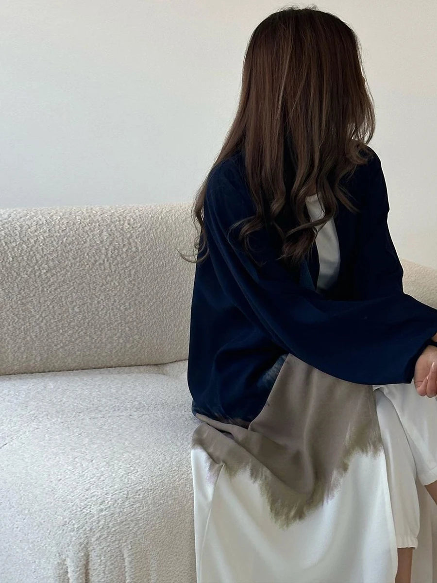 Muslim Fashion Tie Dyed Kimono Abaya for Women Summer Cloak Cardigan Robe Black White Grey Dubai Islamic Clothing